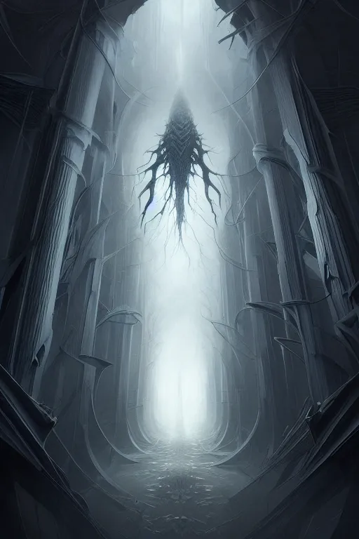 Image similar to professional concept art of a symmetrical fractal ominous floating terrifying thing in a dark room by artgerm and greg rutkowski ( thin white border ). an intricate, elegant, highly detailed digital painting, concept art, smooth, sharp focus, illustration, in the style of cam sykes, wayne barlowe, igor kieryluk.