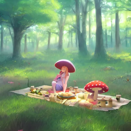 Image similar to a cute picnic in a mushroom forest. soft lighting, cgsociety masterpiece, artstation trending, studio ghibli, 4k, digital art, concept art