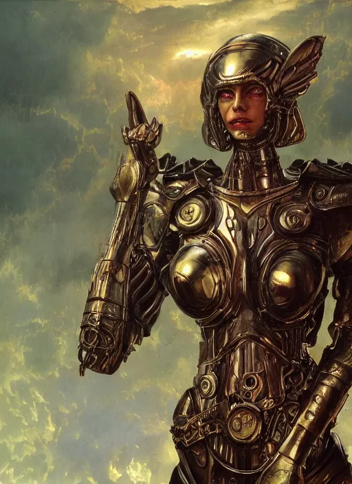 Image similar to biblical diabolical beautiful female valkyree android, slick metal armor, jump, heavy eyes to the side, closeup, bright glowing veins, in clouds, rain, sunset, portrait, by gerald brom, by mikhail vrubel, by peter elson, muted colors, extreme detail, reflections, trending on artstation, 8 k