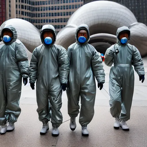 Prompt: chinese soldiers in hazmat suits carrying machine guns, detailed faces, cloud gate chicago, grey skies