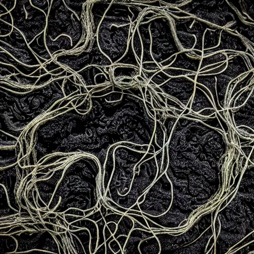 Prompt: photograph of a pitch black, tar - like fungus with lots of tendrils spreading everywhere, intricate detail, goopy