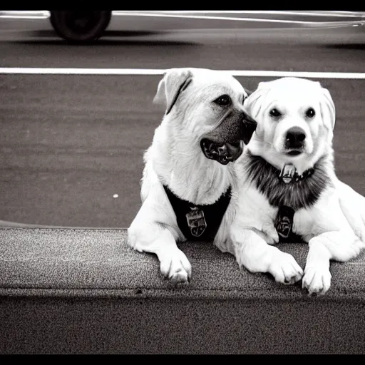 Image similar to a photo of two dogs sitting in front of the bus, hd award winning photograph, high detailed, 2001 style