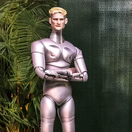 Image similar to a realistic detailed photo of a guy who is an attractive humanoid who is half robot and half humanoid, who is a male android, wrestler bo nickal, shiny skin, posing like a statue, blank stare, by the pool, on display, showing off his muscles, humanoid robot, frozen ice statue