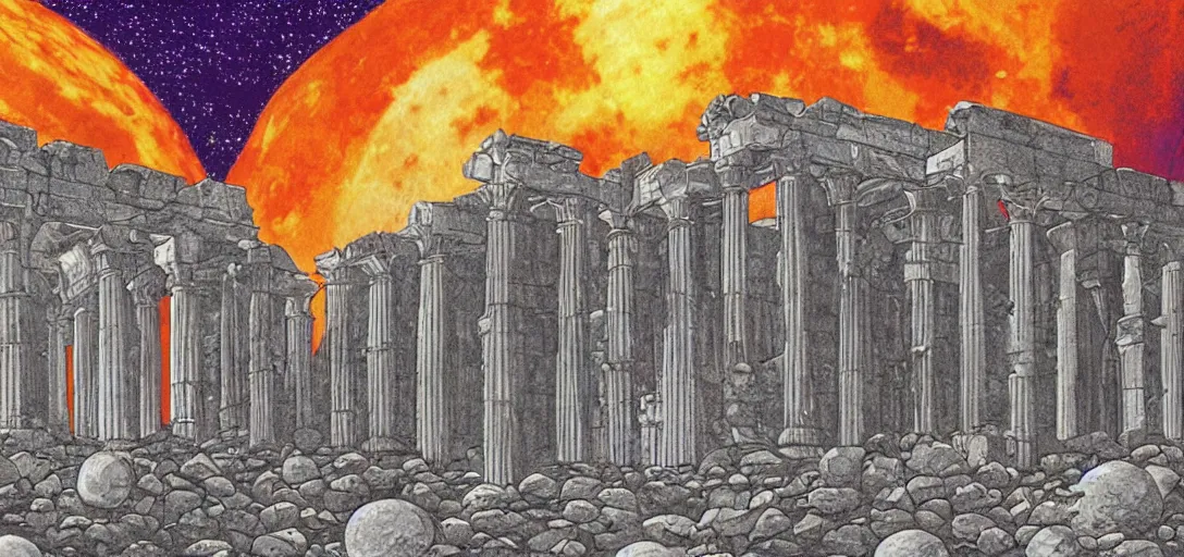 Image similar to The ruins of the Silver Millennium on the moon from Sailor Moon, digital painting, Earth in the distance, Greek-esque columns and ruins