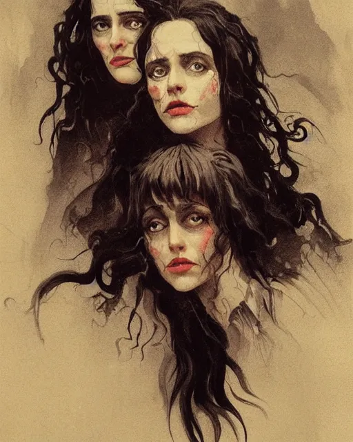 Prompt: two handsome but sinister young women in layers of fear, with haunted eyes and wild hair, 1 9 7 0 s, seventies, wallpaper, a little blood, moonlight showing injuries, delicate embellishments, painterly, offset printing technique, by john howe, brom, robert henri, walter popp