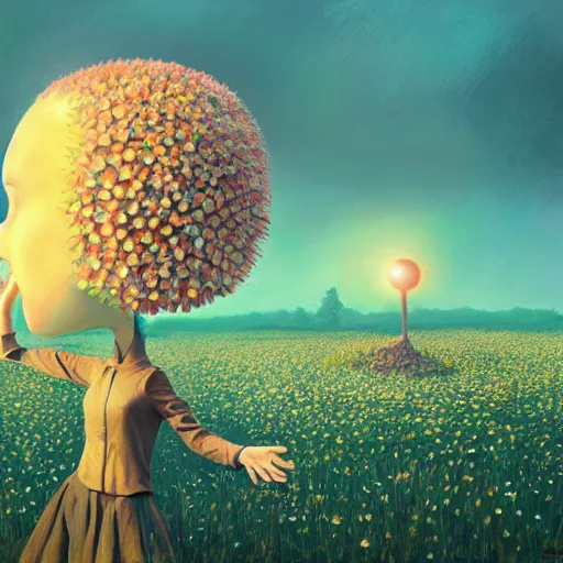 Image similar to giant daisy flower head, frontal, a girl in a suit, surreal photography, sunrise, dramatic light, impressionist painting, digital painting, artstation, simon stalenhag