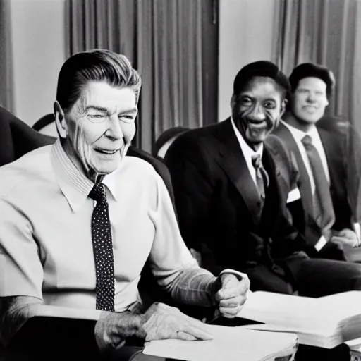 Prompt: [ ronald reagan sitting in chair next to tiger ]