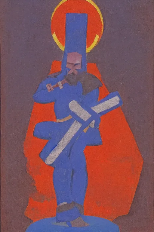 Image similar to thor with mjollnir, marvel, artwork by nicholas roerich,