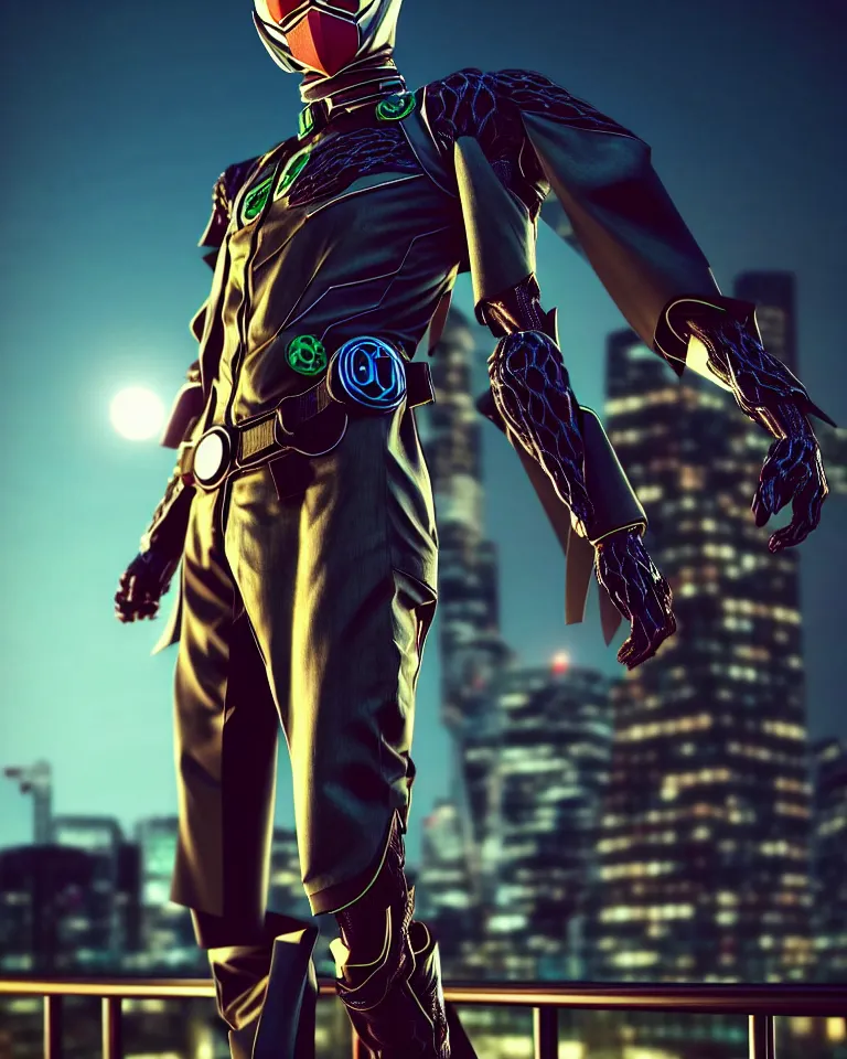 Image similar to kamen rider big belt hero sction pose, full body portrait, human structure bee concept art, human anatomy, intricate detail, hyperrealistic art and illustration by irakli nadar and alexandre ferra, blurry and sharp focus, on future tokyo night rooftop, unreal 5 engine highlly render, global illumination