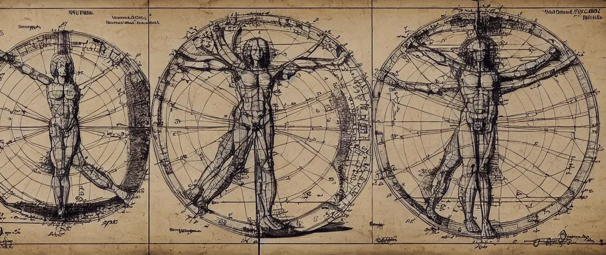 Prompt: a side-by-side leonardo davinci sketch of hypothethical creativity amplifcation devices worn by a vitruvian man and vitruvian woman, intricately detailed, in the style of a patent diagram