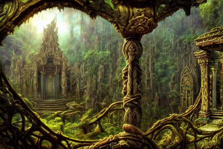 Image similar to a beautiful and highly detailed matte painting of a lost temple in a mystical forest high in the mountains, psychedelic, celtic, intricate details, epic scale, insanely complex, 8 k, sharp focus, photorealism, artstation, cgsociety, by caspar friedrich, albert bierstadt, james gurney, brian froud,