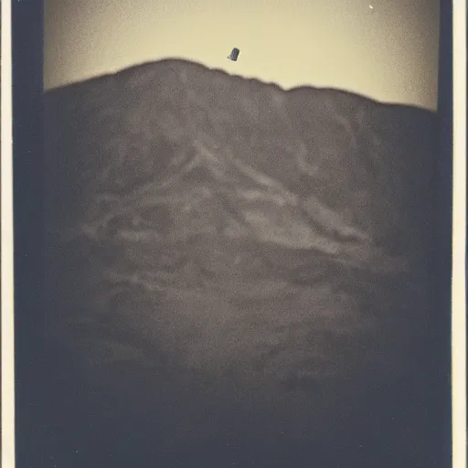 Image similar to a ufo flying over a mountain at night, distant!!, historical photo, old polaroid, expired film,