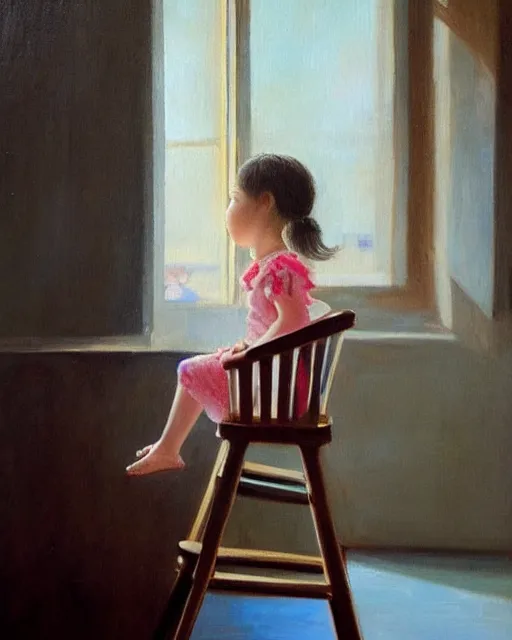 Prompt: the girl is sitting on a very high chair near the ceiling, wonderful eyes, her loose hair, delicate, intricate details, a real masterpiece, oil on canvas, author li zhang