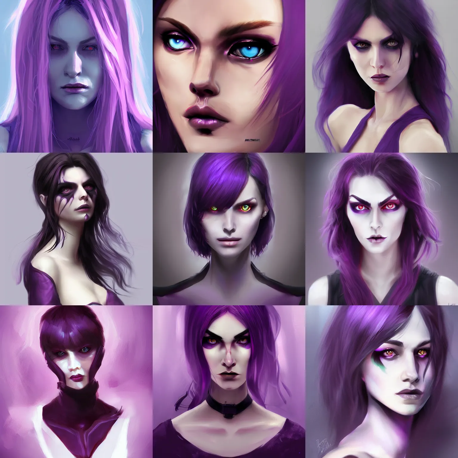 Prompt: Woman with purple eyes, dark, menacing, artstation, digital art