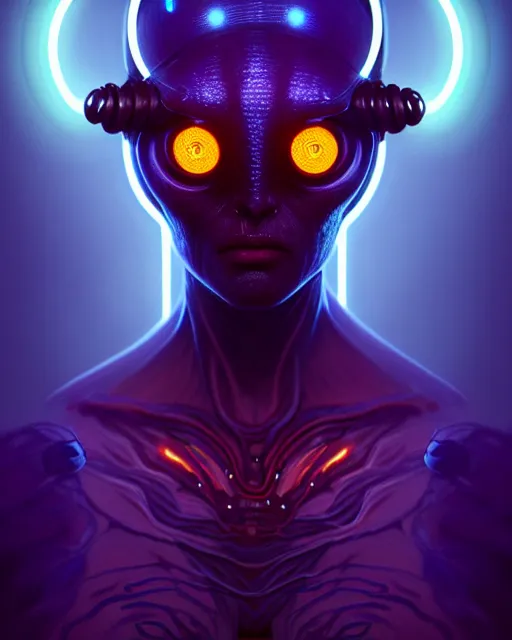 Image similar to one singular portrait of a bioluminescent alien creature with big glowing eyes, highly detailed, digital painting, cinematic, hyper realism, dark retrowave, art by Stanley Lau and Artgerm and magali villeneuve and Alphonse Mucha, artstation, octane render, cgsociety