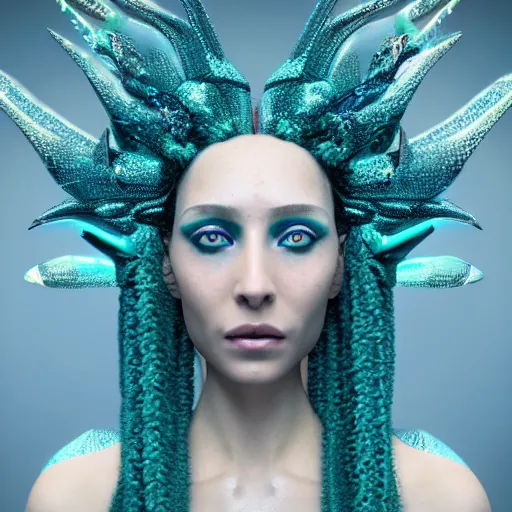 Image similar to unreal engine, octane render, 8 k, sandro botticelli portrait of egyptian sumerian goddess princess intergalactica, nautical siren, lady of elche, queen of heaven, techno mystic goddess, with aqua neon dreadlocks, teal eyebrows encrusted with diamonds, wearing iris van herpen haute couture, star - gate of futurisma,