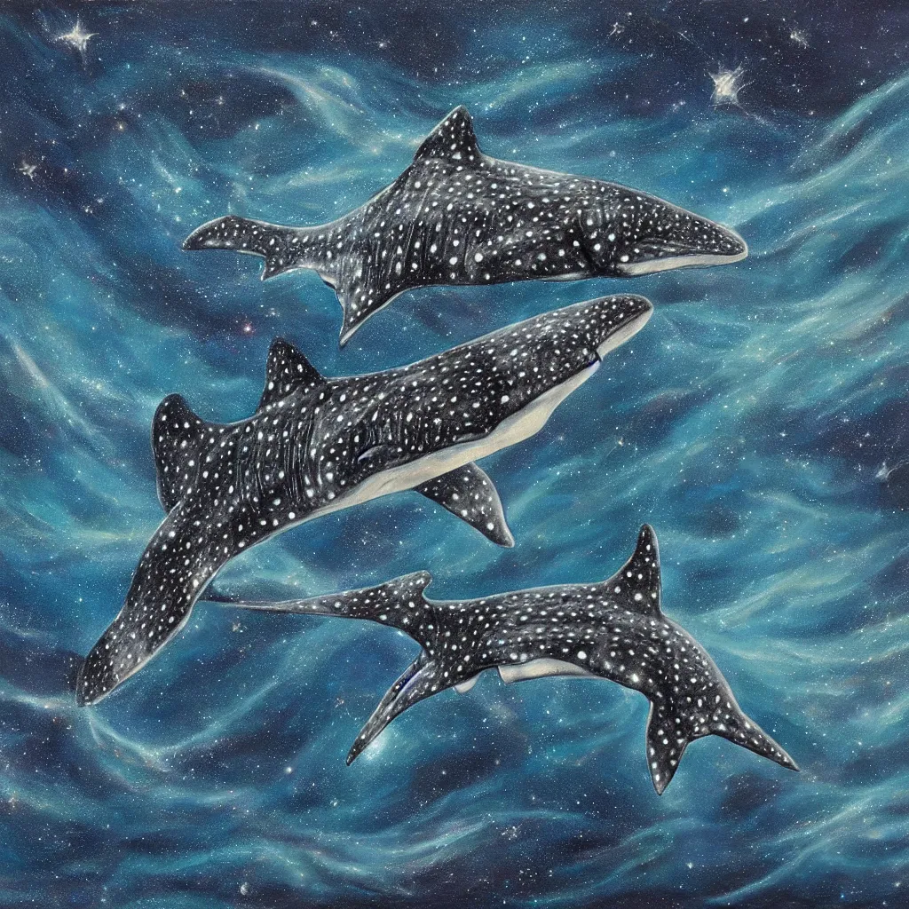 Prompt: oil painting of a whale shark flying in front of a swirling galaxy, shimmering stars, milky way