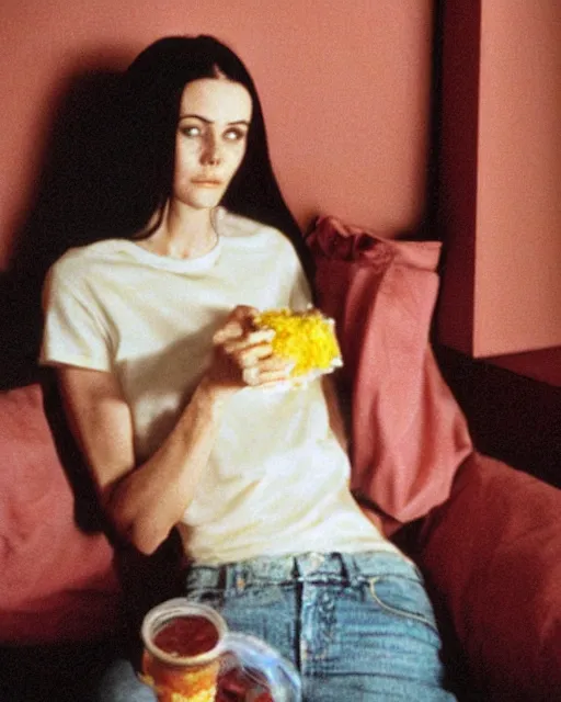 Image similar to 2 0 years old courtney cox eating cereal in her boyfriend's shirt, redshift, colour shift, wide shot, coloured polaroid photograph, pastel, kodak film, hyper real, stunning moody cinematography, by maripol, fallen angels by wong kar - wai, style of suspiria and neon demon, david hockney, detailed, oil on canvas