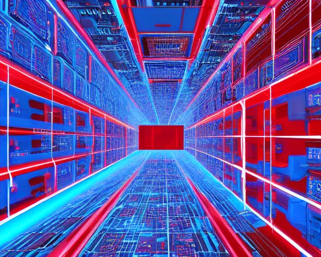 Prompt: datacenter with red laser grid, server in the middle, deep view, heavy blue led lights, wires connected, award winning, extremely detailed, artstation, 8 k, incredible art