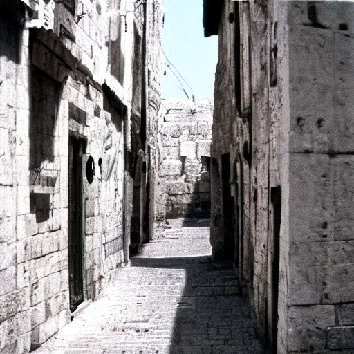 Image similar to a Jerusalem street in the 1990s, film photography
