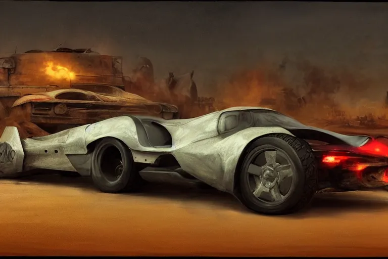 Image similar to hypercar in mad max, painted by hector garrido and derek riggs, trending on artstation, volumetric lighting rear view profile picture, daguerreotype, still life, figurativism, socialist realism