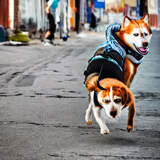 Image similar to ginger mermaid skateboarding skijoring pulled by Huskies and beagles on leash, street photography, gritty alley, sunn day, in candid camera style