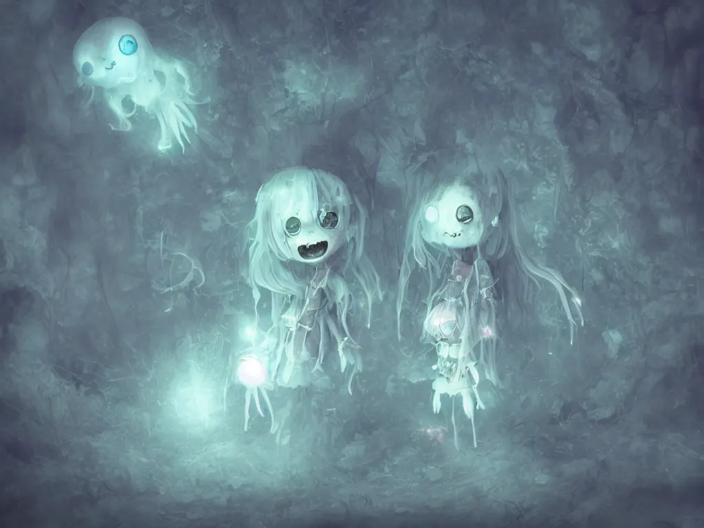 Image similar to cute fumo plush smiling ghost girl lingering in a mysterious concrete organic ruin, ectoplasmic jellyfish, technicolor horror, chibi gothic maiden in tattered rags, glowing wisps of hazy green smoke and eerie blue volumetric fog swirling about, moonlight, glowing lens flare, vray