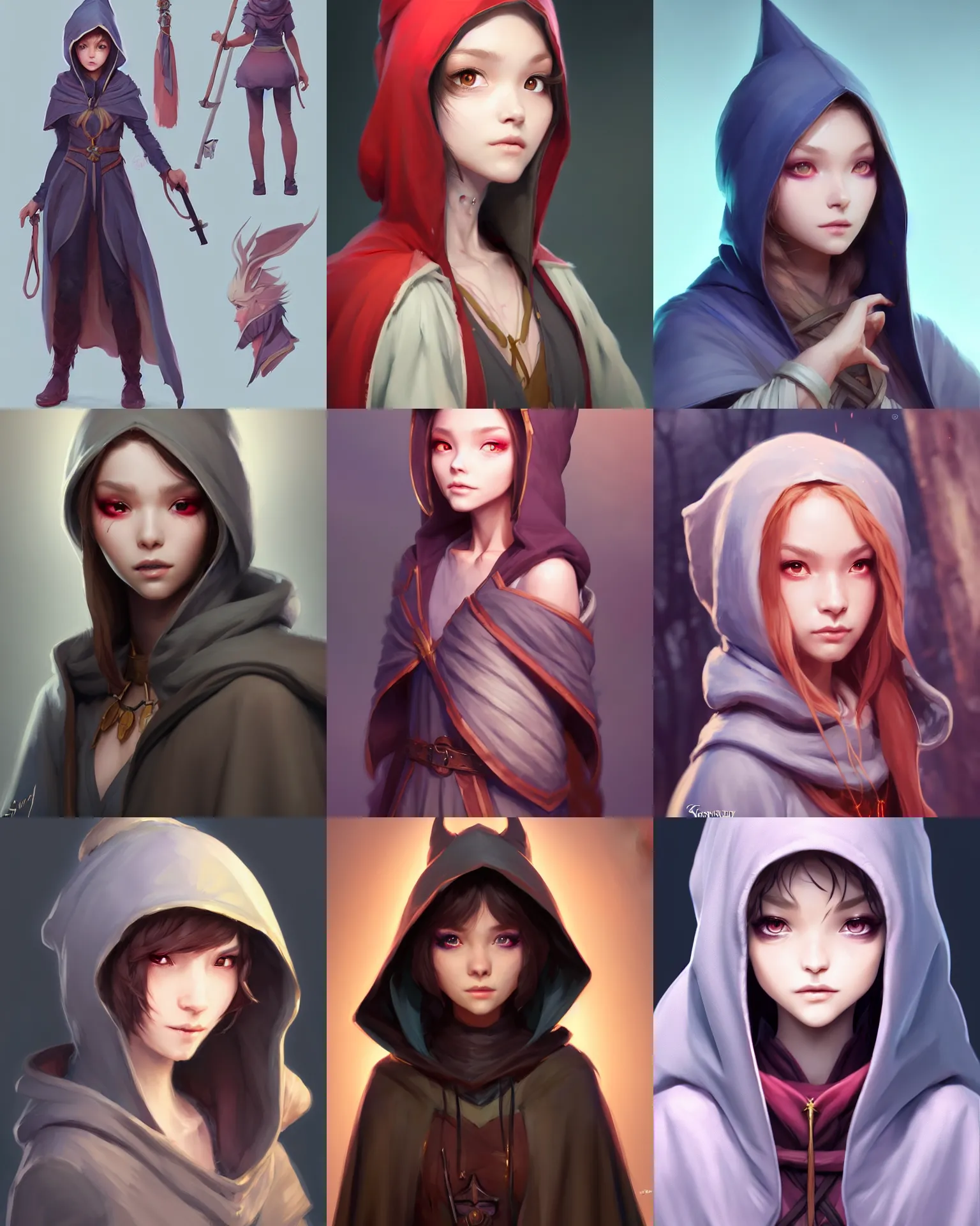 Prompt: character concept art of a young gorgeous female wizard with a caape with hood | | distinct - fine, key visual, realistic shaded perfect face, fine details by stanley artgerm lau, wlop, rossdraws, james jean, andrei riabovitchev, marc simonetti, sakimichan, and jakub rebelka, trending on artstation