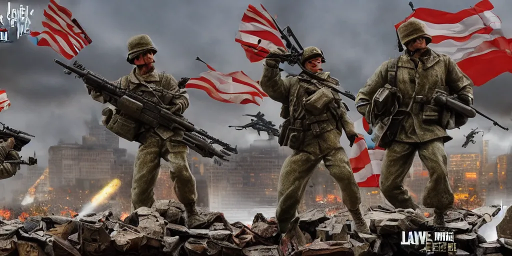 Image similar to The war between the Soviet Union and America, the action takes place in New York, far away against the background of the Statue of Liberty, a lot of soldiers and military equipment, a lot of explosions and tracer bullets, a lot of ruins, a very epic battle, The style of photography of the 80s, very detailed and detailed style
