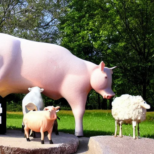 Image similar to statue of a pig, a cow, a horse, a chicken and a sheep