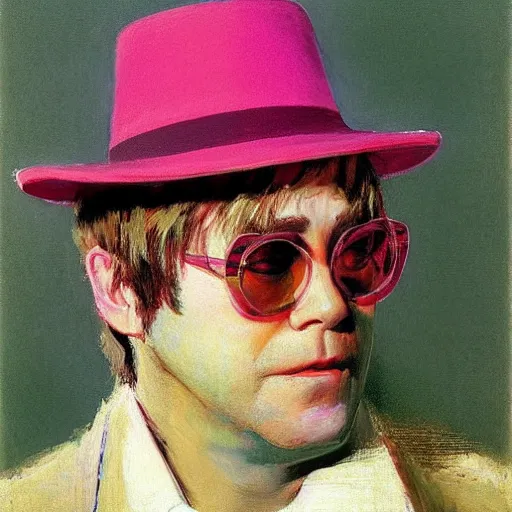 Prompt: portrait of elton john lennon using hat and pink shirt in 1 9 7 0 by ilya repin