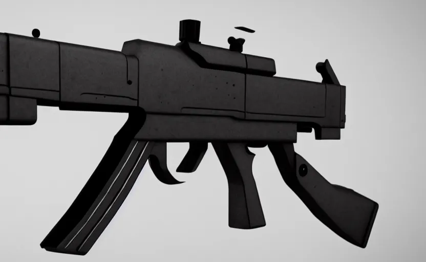 Image similar to minimalist submachine gun, on a white table, studio lighting, 3d render, octane render, photorealistic, highly detailed, intricate detail, trending on artstation