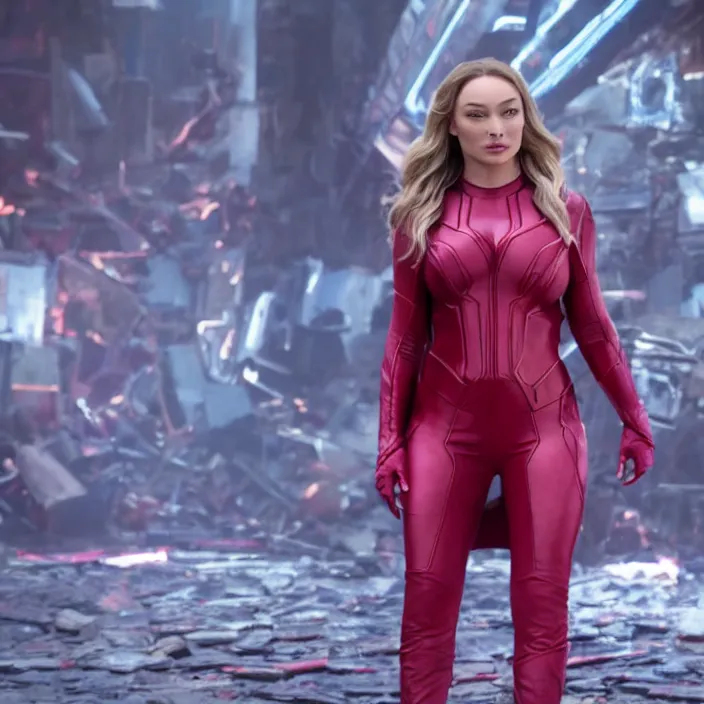 Prompt: movie still of lindsey pelas as scarlet witch, directed by russo brothers, 4 k hd, oscar winning, high detail