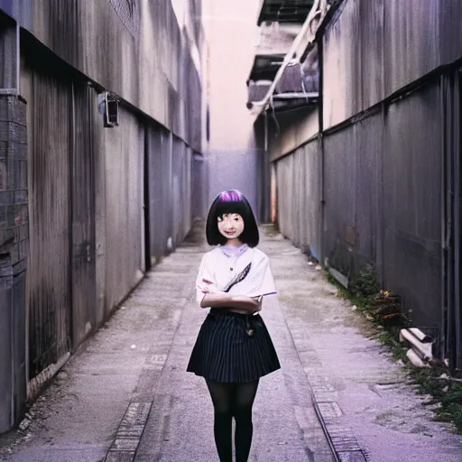 Image similar to a perfect 8K HD professional photo of close-up japanese schoolgirl posing in sci-fi dystopian alleyway, at instagram, Behance, Adobe Lightroom, with instagram filters, depth of field, taken with polaroid kodak portra