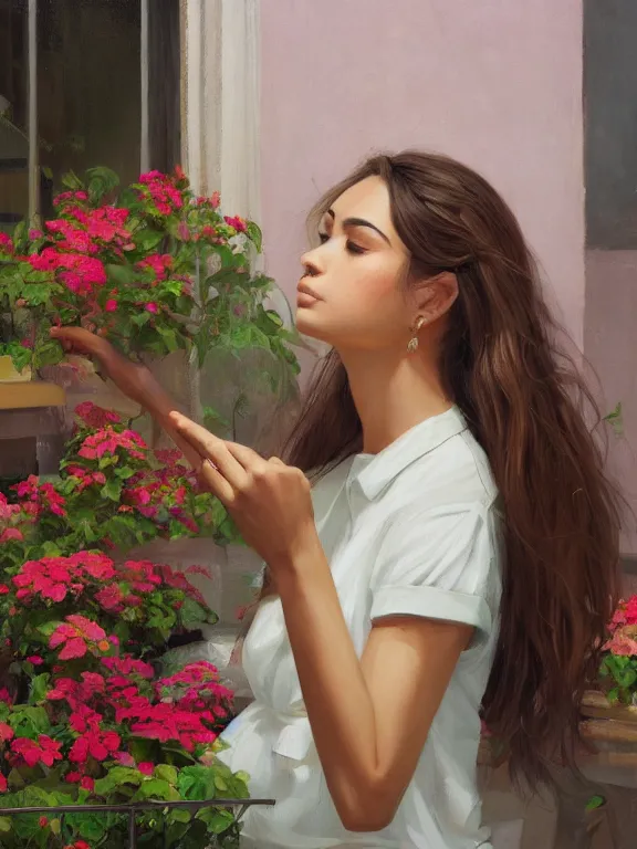 Prompt: an ultradetailed beautiful portrait painting of a cuban girl at a flower shop, side view, oil painting, high resolution, by ilya kuvshinov, greg rutkowski and makoto shinkai