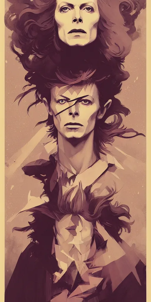 Prompt: Poster artwork, David Bowie, medium shot, details, sharp focus, illustration, by Jordan Grimmer and Alphonse Mucha and greg rutkowski and PiNe (パイネ) and 薯子 Imoko and 香川悠作 and maya takamura, intricate, beautiful, Trending on artstation, pixiv, digital Art