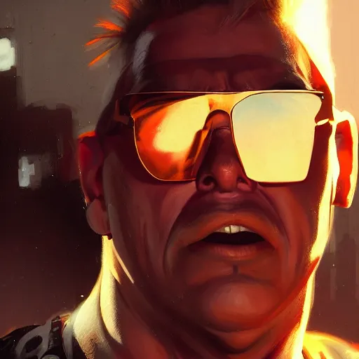 Prompt: a closeup portrait of duke nukem, dramatic light, city background, sunset, high contrast, sharp, painted by stanley lau, painted by greg rutkowski, painted by stanley artgerm, masterpiece, digital art, trending on artstation