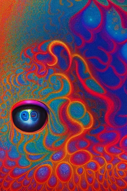 Image similar to hyperrealistic abstract close-up Renaissance psychedelic!! celestial happy! pure creature!! peaceful! kind spirit of nature! beautiful fractal!! eyes! highly detailed concept art eric zener elson peter cinematic hard rainbow lighting high angle hd 8k sharp shallow depth of field endless, inspired by Zdzisław Beksiński Salvador Dali