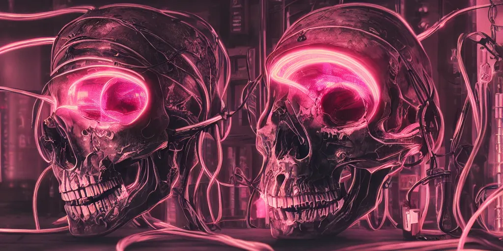 Prompt: a photorealistic cyberpunk skull with electronic wires and cables coming out of it, eyes lighting up with LED lights, in a seedy cellar lab, vaporwave, scifi, trending on artstation, 4K, cinematic, epic lighting, UHD, HDR