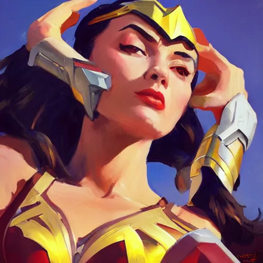 Image similar to greg manchess portrait painting of wonderwoman as overwatch character, medium shot, asymmetrical, profile picture, organic painting, sunny day, matte painting, bold shapes, hard edges, street art, trending on artstation, by huang guangjian and gil elvgren and sachin teng