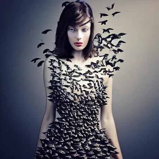 Image similar to “a beautiful woman in a fashionable dress made of pigeons, high fashion, photorealistic, fashion photography”