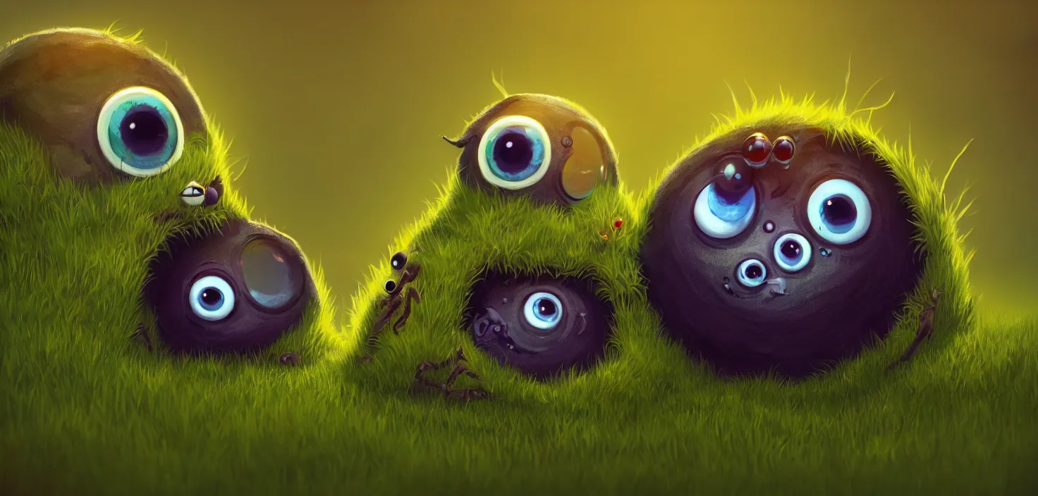 Prompt: funny fluffy symmetric ball big two eyes, sitting in grass closeup, in the style of craola, shallow depth of field, highly detailed, digital painting, trending artstation, concept art, illustration, cinematic lighting, vibrant colors, photorealism, epic, octane render