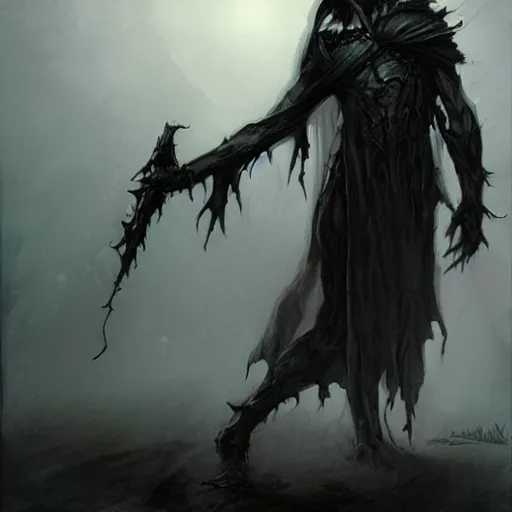 Prompt: wraith, undead, dynamic pose, skull, terrifying, dark, fog, art by brom