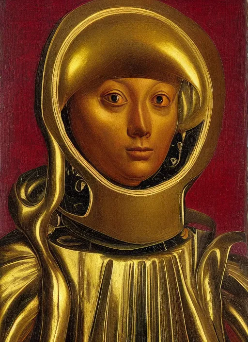 Image similar to a portrait of a shiny metallic renaissance robot, in the style of Jan van Eyck,