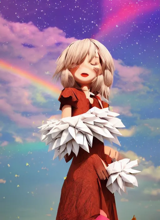 Prompt: background edge of space with puffy clouds are dusk, 🍆🌈♥ anthropomorphic paper woman wrapped in a flowing couture tissue paper, paper chrysanthemums, many origami stars, eery light, 3 d, very detailed, octane render, trending artstation, artgem