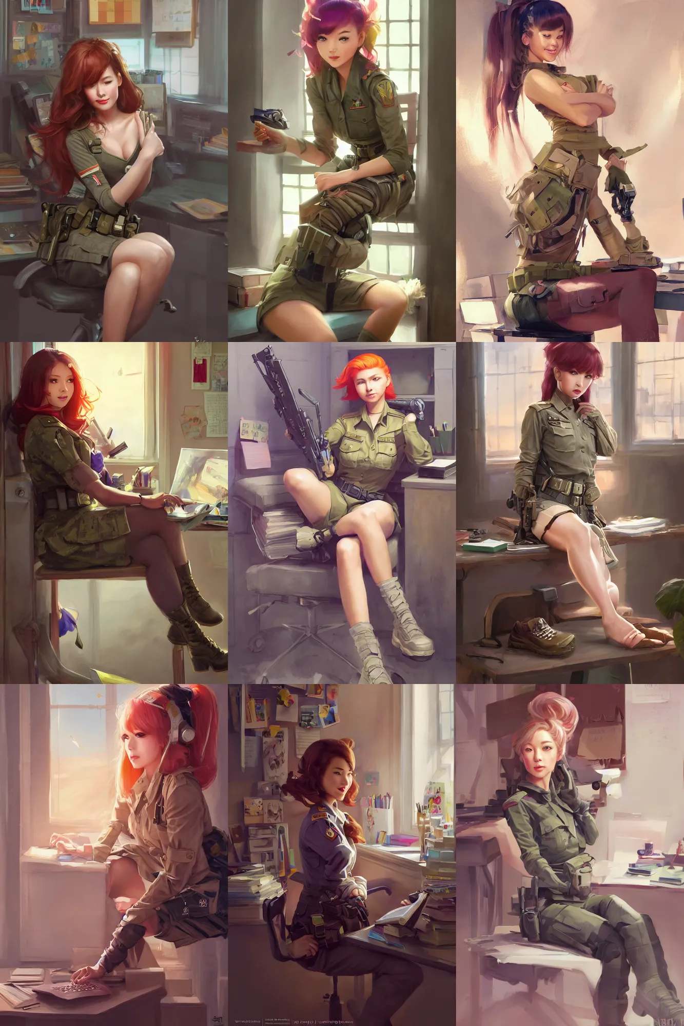 Prompt: a beautiful military girl sitting in her office | | cute - fine - subtle smile, colorful hair, face, pretty face, fine details by stanley artgerm lau, wlop, rossdraws, james jean, andrei riabovitchev, marc simonetti, and sakimichan, trending on artstation