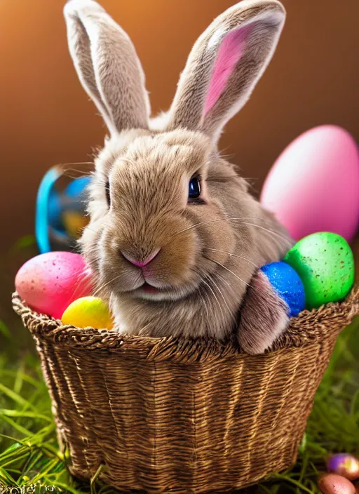 Image similar to a 3 5 mm photo of a lop - eared bunny sitting in an easter basket full of colorful easter eggs, bokeh, canon 5 0 mm, cinematic lighting, film, photography, golden hour, depth of field, award - winning, art by greg rutkowski, maxfield parrish and alphonse mucha