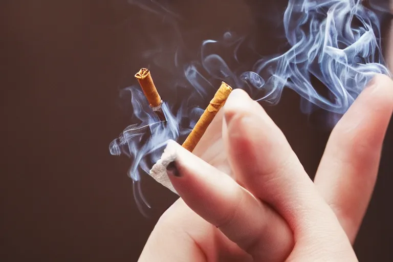 Image similar to Close-up of thin soft hand holding cigarette, with smoke, hand with five fingers, hyper realistic, high details, photo, super resolution