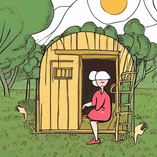 Image similar to a woman riding inside a hut on chicken legs, in the style of Anders Nilsen