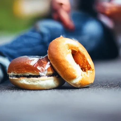 Image similar to closeup photo of cute pariah - dog eating bagles from mesh bag, shallow depth of field, cinematic, 8 0 mm, f 1. 8